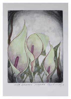 Illustration of four pale green calla lilies with purple spadices against a textured gray background.
