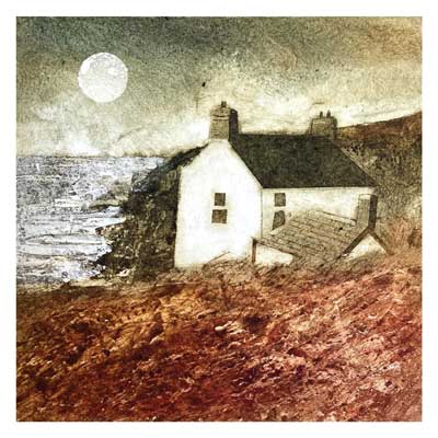 White house on rocky coastline under a full moon with textured brown and green landscape.