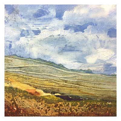 Abstract landscape painting with textured hills under a cloudy sky in blue, green, and brown tones.