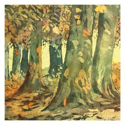 Watercolor painting of a forest with large tree trunks and scattered autumn leaves on the ground.