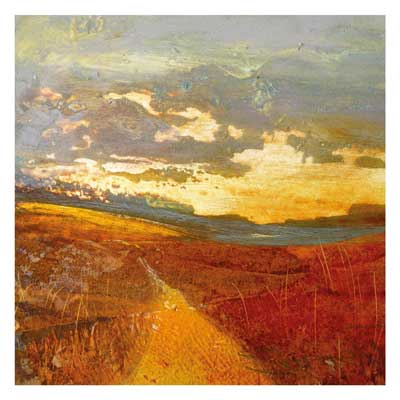 Abstract landscape painting with a golden path through reddish fields under a cloudy sunset sky.