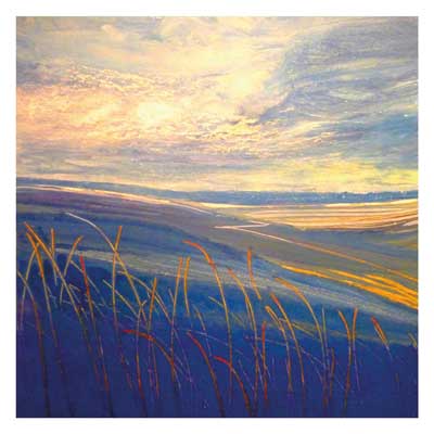Impressionist landscape painting with blue and orange grasses under a glowing, cloud-filled sky.