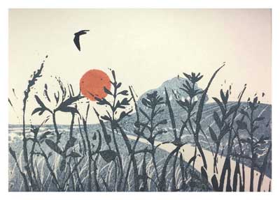 Illustration of plants, a bird flying, red sun, and a large rock near water in a natural scene.