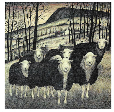 Black-faced sheep with white markings standing in a grassy field with leafless trees and a mountain background.