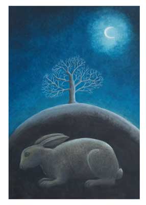 Gray rabbit crouching on a hill beneath a leafless tree under a crescent moon in a dark blue sky.