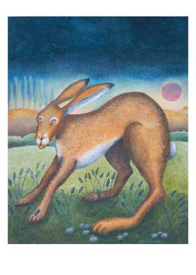 Painting of a brown hare with large ears standing on green grass with a sunset and hills in the background.