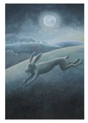 Illustration of a hare leaping on rolling hills under a full moon in a cloudy night sky.