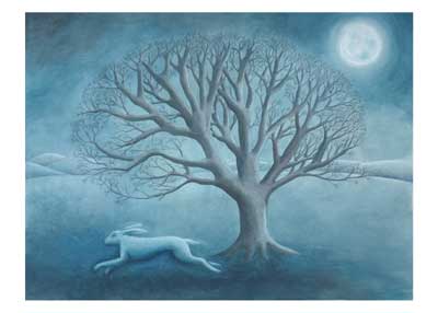 Surreal artwork of a blue rabbit under a leafless tree with two ghostly arms reaching out under a full moon.