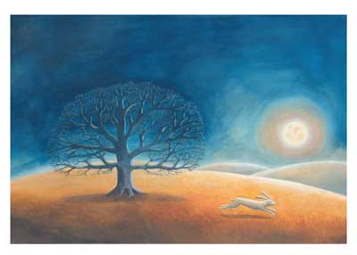 Painting of a barren tree on a hill with a white rabbit running under a glowing full moon at night.