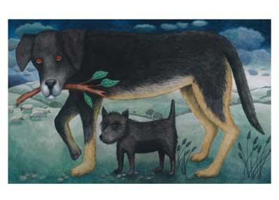 Black and tan dog holding a branch in its mouth stands next to a smaller black dog in a grassy outdoor scene.