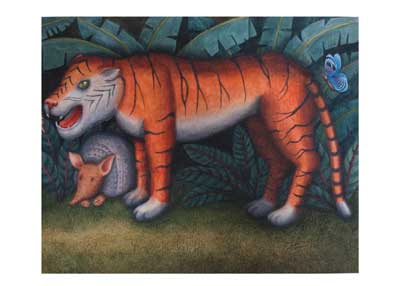 Illustration of a tiger and a small animal below it with plants and a butterfly in the background.