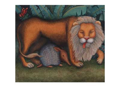 Illustration of a lion and an armadillo standing together on grass with tropical plants behind.