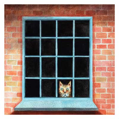 Orange tabby cat peeking out from bottom pane of blue-framed window on a brick wall.
