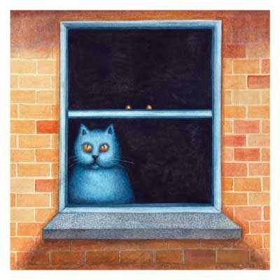 Blue cat with orange eyes sitting behind a partially open window in a brick wall.