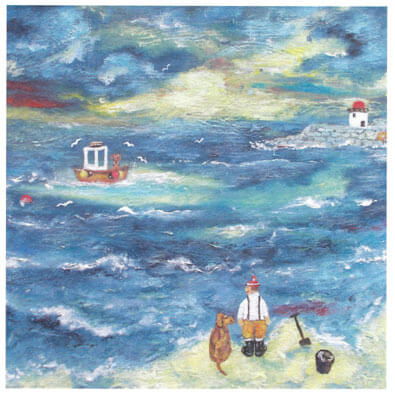 Painting of a fisherman and dog by the shore with boat, seagulls, and lighthouse in the distance.