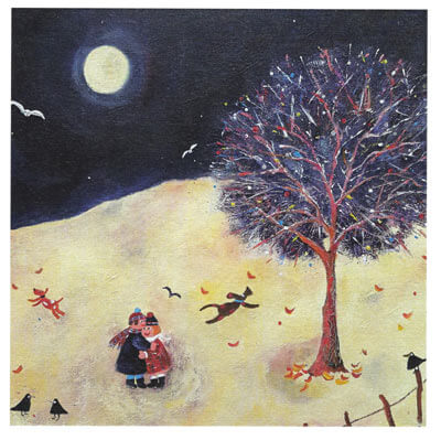Moonlit night with two children hugging under a tree with colorful lights and birds flying.