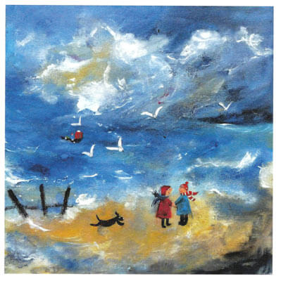Painting of two children and a dog on a beach with seagulls and a blue cloudy sky.