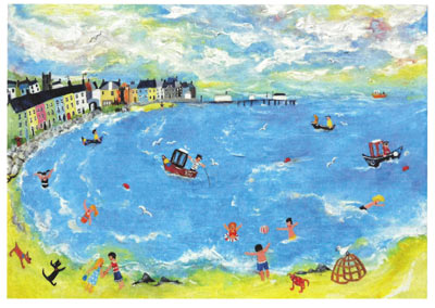 Painting of a coastal town with colorful houses, people swimming, and small boats in the sea.