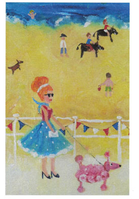 Woman in blue dress with pink poodle on a sandy beach with horses and people in the background.