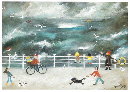 People and dogs along a seaside promenade with seagulls and a cloudy sky over rough ocean waves.