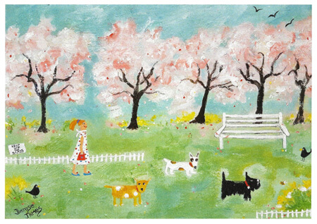 Painting of a girl walking three dogs in a park with cherry blossom trees and a white bench.