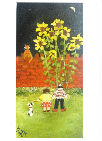 Painting of two children holding hands and a dog standing on grass under tall sunflowers with a cat on a red wall.