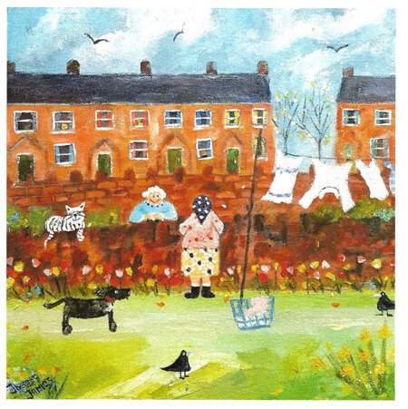 Painting of two women talking over a brick wall with cats, birds, flowers, houses, and laundry in yard.