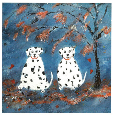 Painting of two smiling Dalmatian dogs sitting under a tree with orange leaves on a blue background.