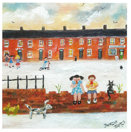 Children playing near red brick houses with a dog and a black cat on a cloudy day.