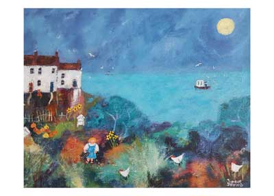 Painting of a coastal scene with white houses, a child, chickens, trees, a boat on water, and a full moon.