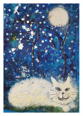 White cat with green eyes lying under a full moon and snowy tree branches on a blue background.
