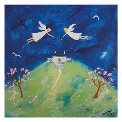 Two angels hovering over a hill with a house, surrounded by blossoming trees under a night sky.