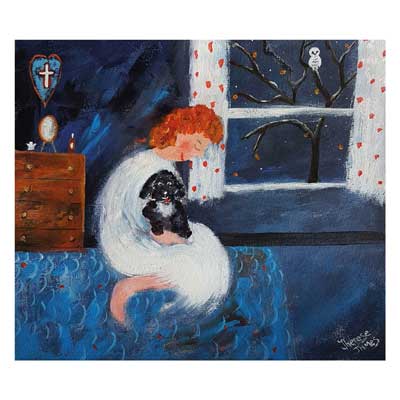Girl with red hair in white dress sitting indoors holding a black dog by a window with tree and owl.