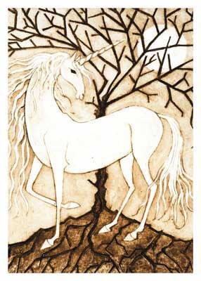 White unicorn with flowing mane standing in front of a barren, cracked tree and ground background.