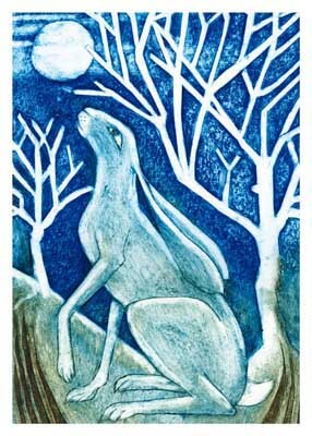 Blue-toned artwork of a hare sitting upright in a forest under a full moon.