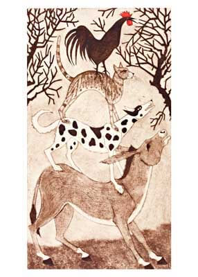 Artistic depiction of a rooster, cat, dog, and donkey stacked vertically against leafless trees.