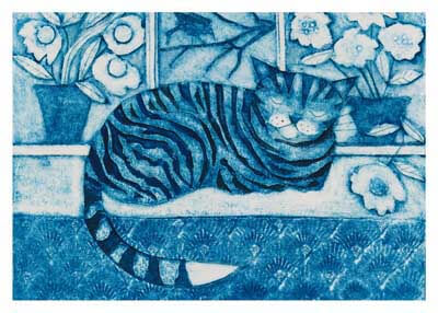 Blue-toned artwork of a striped cat sleeping on a ledge with flowers in pots and a window behind.