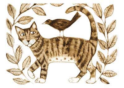 Illustration of a striped cat with a bird perched on its back, surrounded by leafy branches.