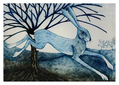 Blue-toned artistic image of a large hare leaping in front of a bare tree with visible roots.