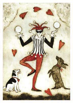 Jester juggling white balls with two dogs sitting and standing near him, surrounded by red heart shapes.