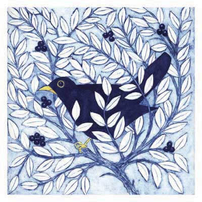 Illustration of a dark bird perched on a leafy branch with small dark berries.