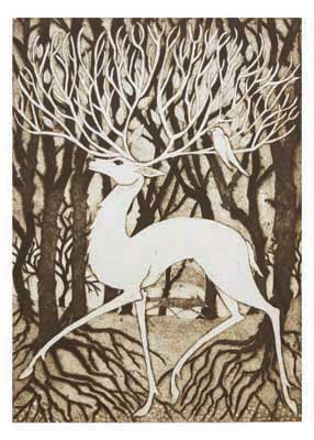 A deer with large antlers resembling tree branches in a forest with exposed roots.