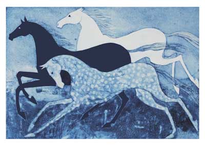 Artistic painting of three horses running, in shades of blue, black, and white.
