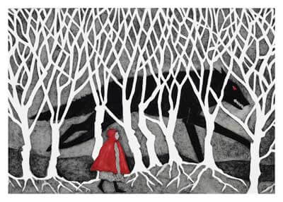 Dark wolf lurking behind white bare trees as a person in a red hooded coat walks in front.