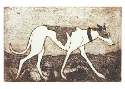 Artwork of a slender white dog with brown patches walking on an abstract textured ground.