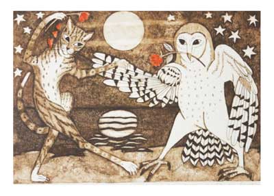 Illustration of a cat and an owl facing each other under a full moon and stars.