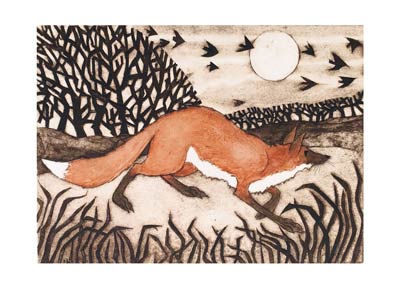 Illustration of a red fox walking through grass at night with a full moon and flying birds in the background.