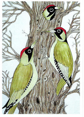 Three woodpeckers with red heads and green bodies on a tree with bare branches.