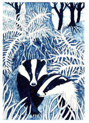 Illustration of a badger in black and white among blue-toned ferns and trees in a forest.