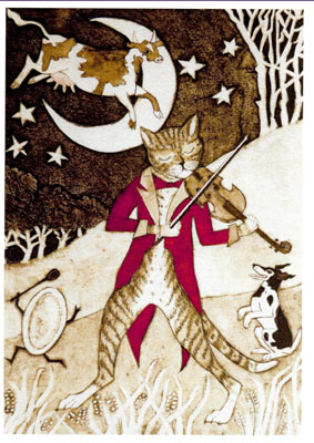Anthropomorphic cat in a red coat playing violin with a dancing dog and a jumping goat under stars and moon.